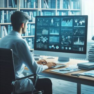 Doctor doing analysis in a computer monitor full of graphics.