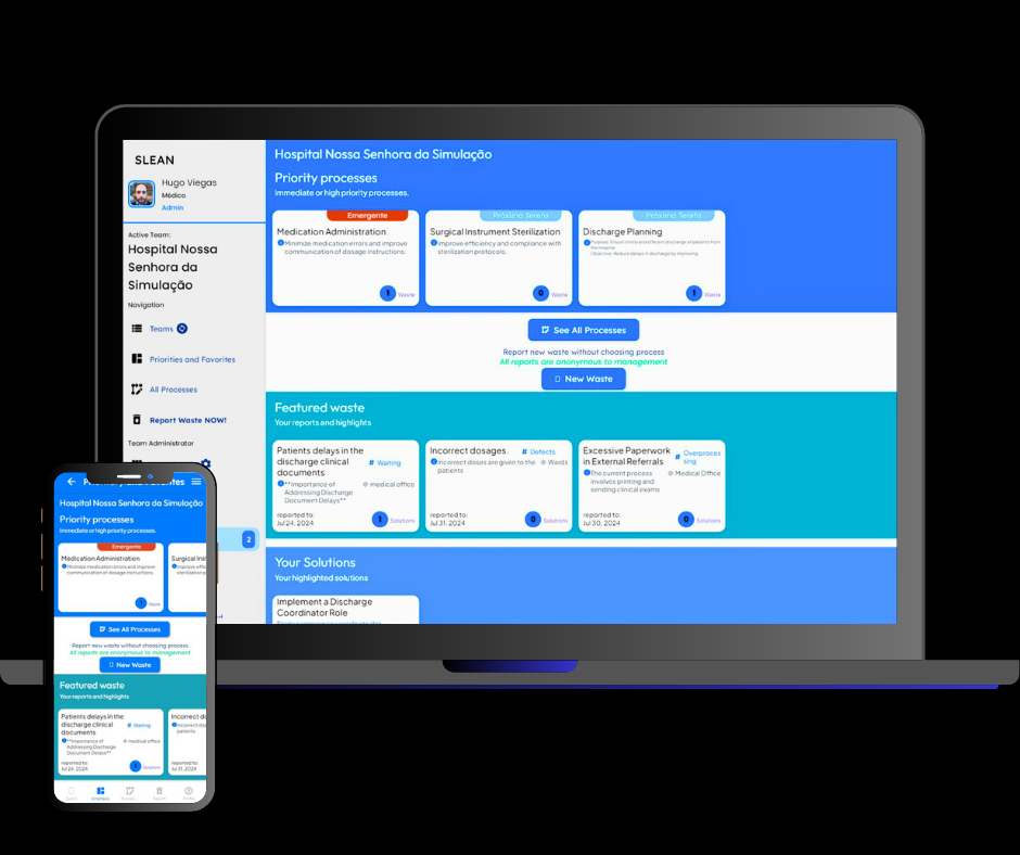 SLean app - Lean Six Sigma Healthcare -start page dashboard with prioriy 1 and 2 processes favorite wasted and solutions