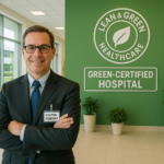 An hospital manager in a green-certified sustainablehealthcare facility, symbolizing the integration of Lean methodologies and sustainability in healthcare.