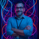 An IT director stands confidently in a futuristic office filled with tangled neon-lit ethernet cables, symbolizing the SLEAN initiative in transforming healthcare IT infrastructure.
